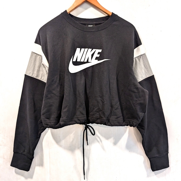 NIKE cinch waist cropped black cozy pull-over crewneck sweatshirt size XL - Picture 1 of 7